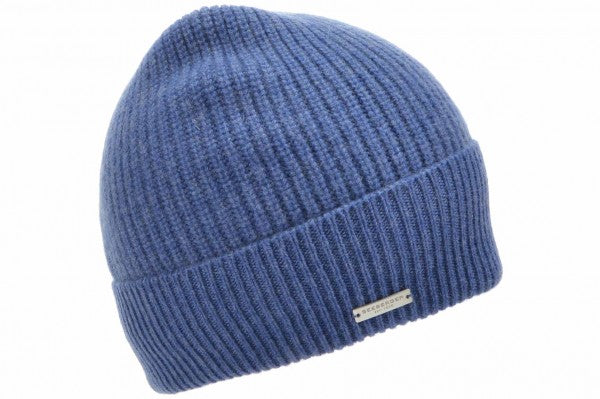 Seeberger Cashmere Beanie with Turn-up Rib Jeans Blue